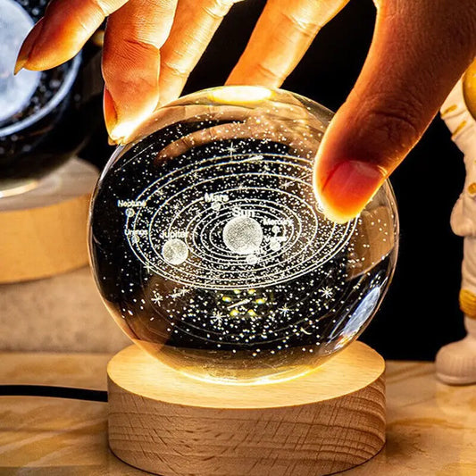 Galaxy Crystal Ball LED Night Light – 3D Engraved Space Lamp with Wooden Base